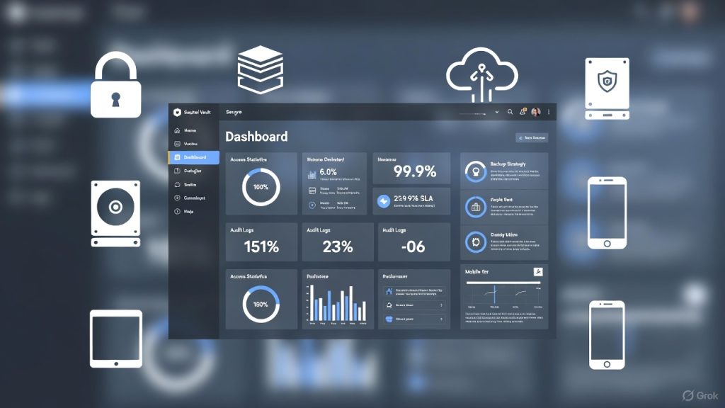 Tableau de bord coffre-fort numérique Arkevia montrant cryptage AES-256 et sauvegarde 3-2-1