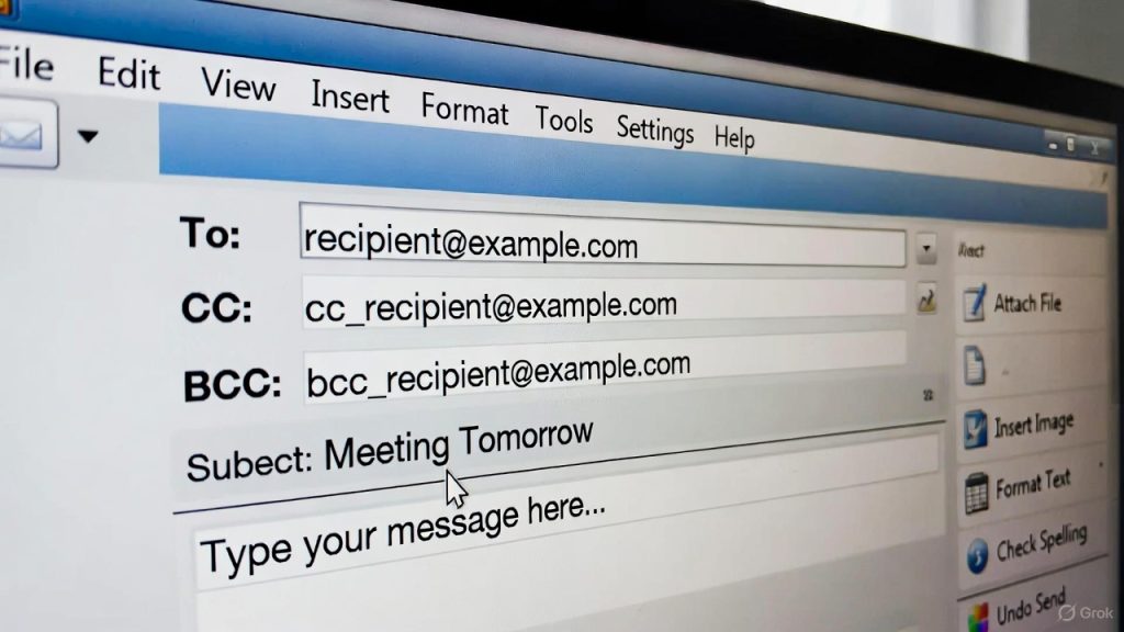 Interface d’un e-mail avec les champs À, CC et CCI mis en évidence, illustrant la différence entre copie carbone visible et copie carbone invisible pour la confidentialité des destinataires.