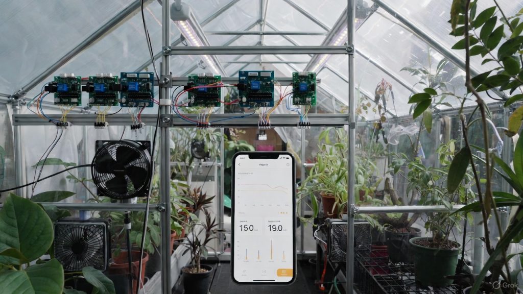 "Mini-serre connectée avec plantes, capteurs de température et d’humidité, circuits Arduino et relais visibles, accompagnée d’une application mobile affichant les données climatiques en temps réel.