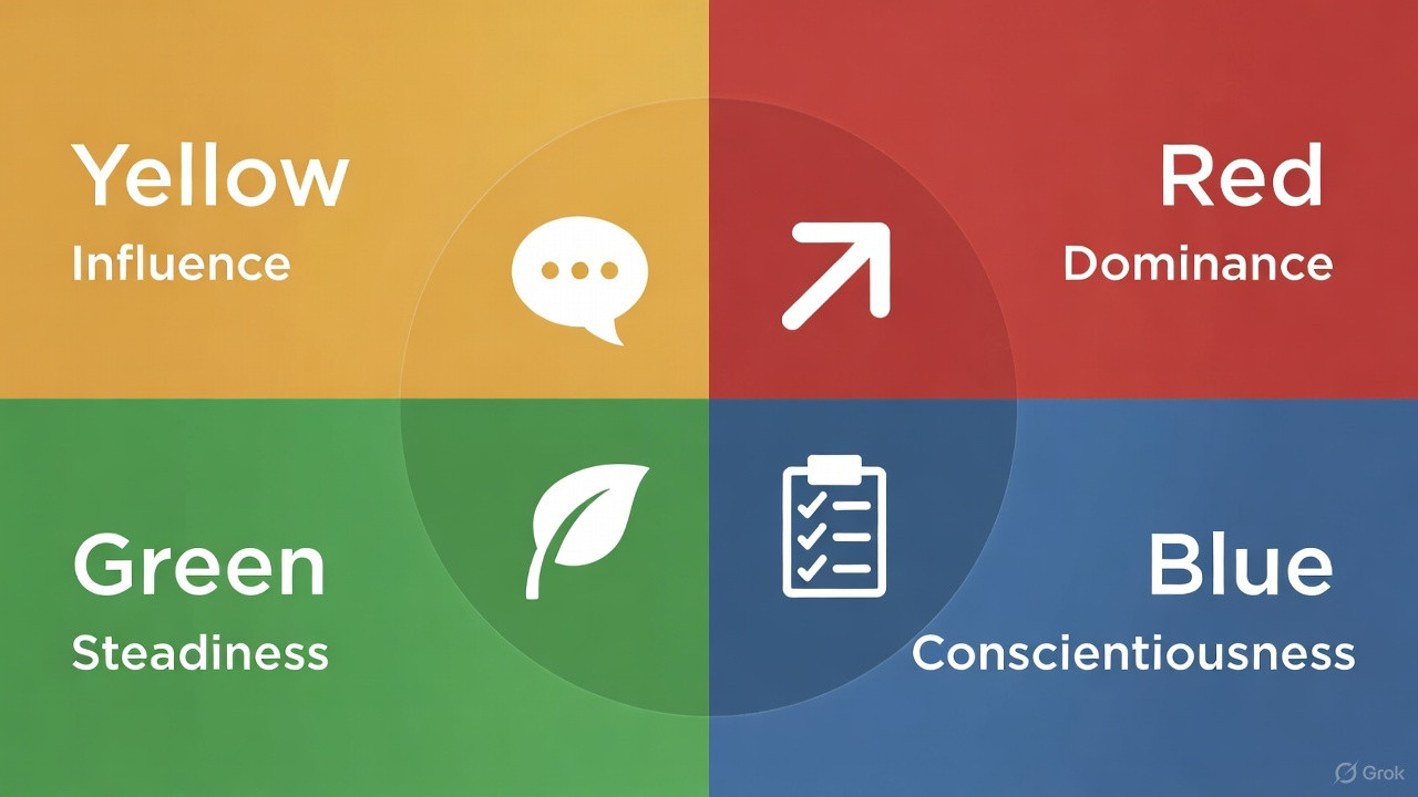 Les 4 couleurs de personnalité (DISC) : rouge, bleu, vert, jaune — guide complet