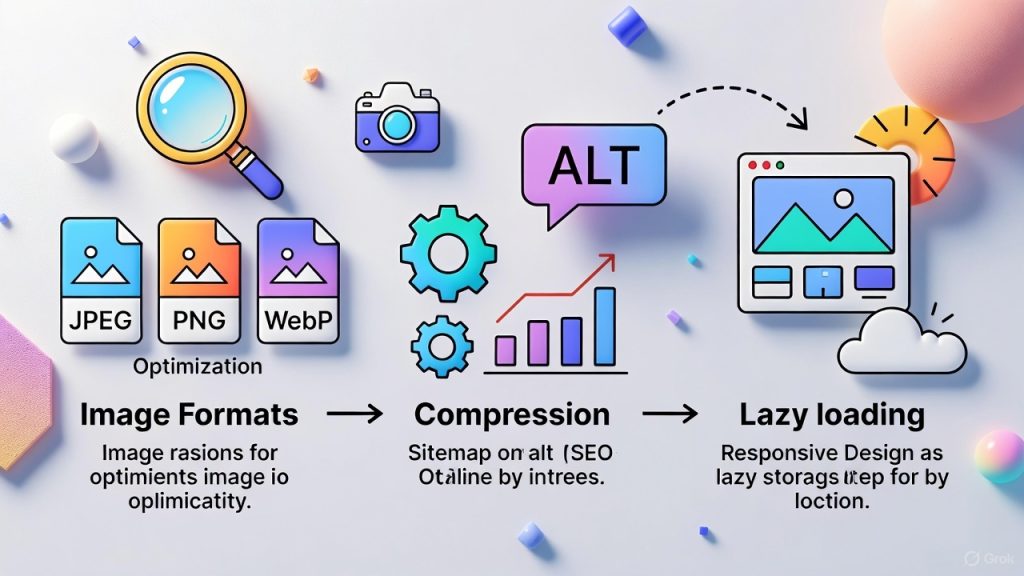 Illustration des bonnes pratiques pour optimiser les images en SEO : choix des formats, compression, balises ALT, responsive design et sitemap d’images