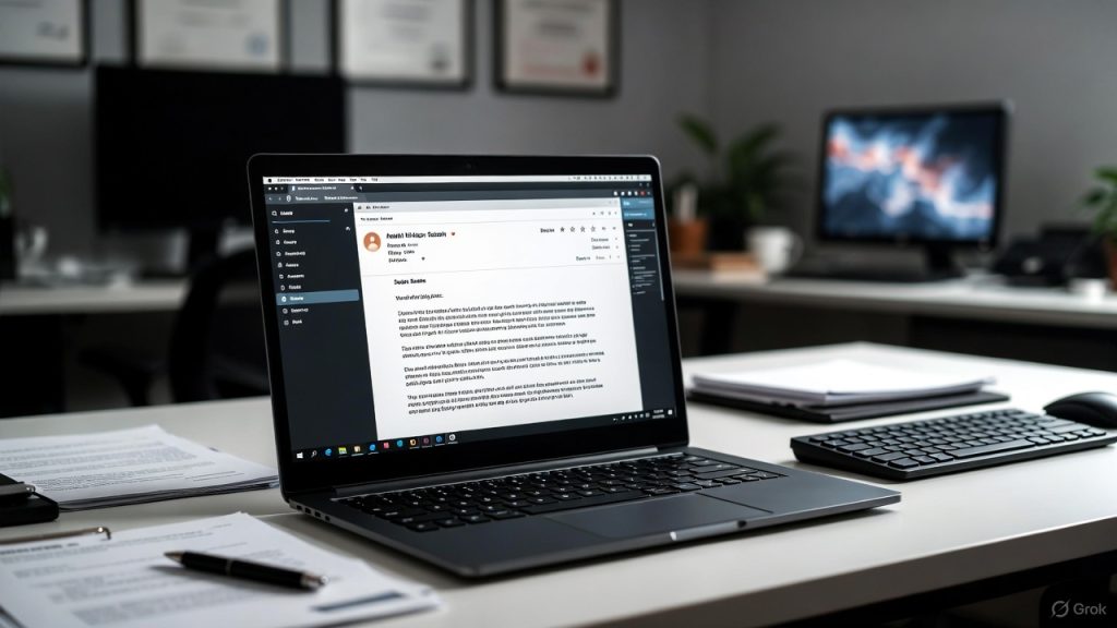 Illustration d’un bureau professionnel avec un email structuré affiché sur un ordinateur, représentant la rédaction d’un email professionnel clair et efficace.