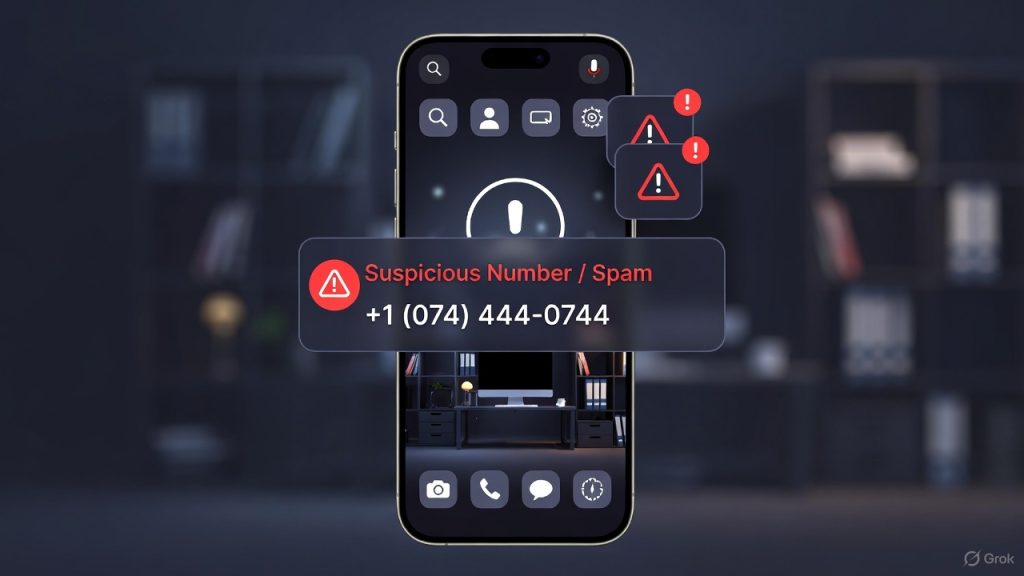 Smartphone recevant un appel ou SMS 0744 spam, avertissement de numéro suspect pour illustrer les arnaques téléphoniques et les conseils pour bloquer ces numéros frauduleux.