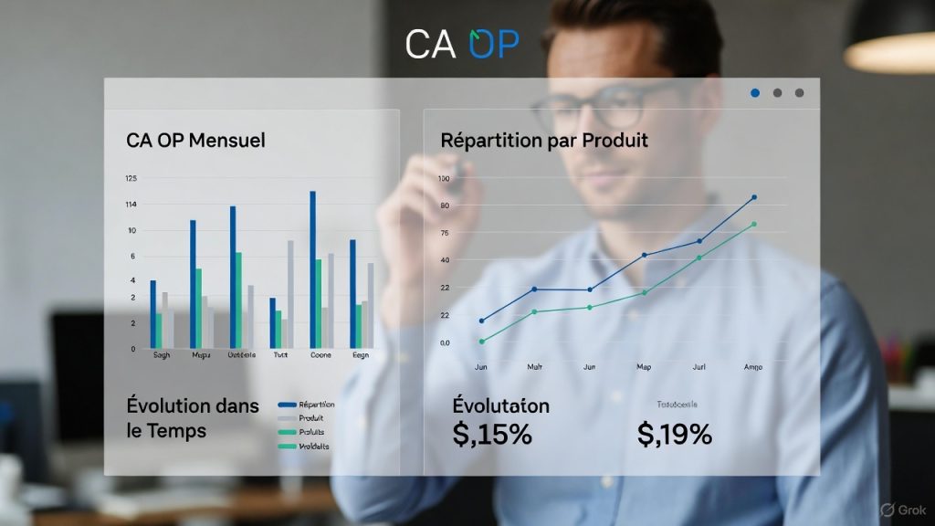 Tableau de bord illustrant le calcul du CA OP avec répartition par produit et analyse de la performance opérationnelle de l’entreprise.