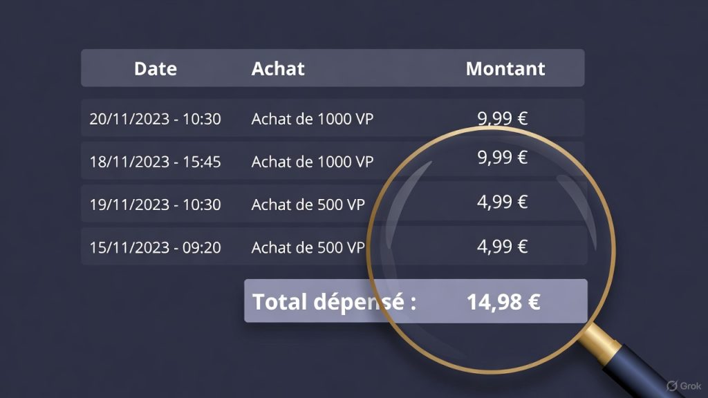 Historique d’achats Valorant montrant le total dépensé en euros et VP pour suivre son budget gaming