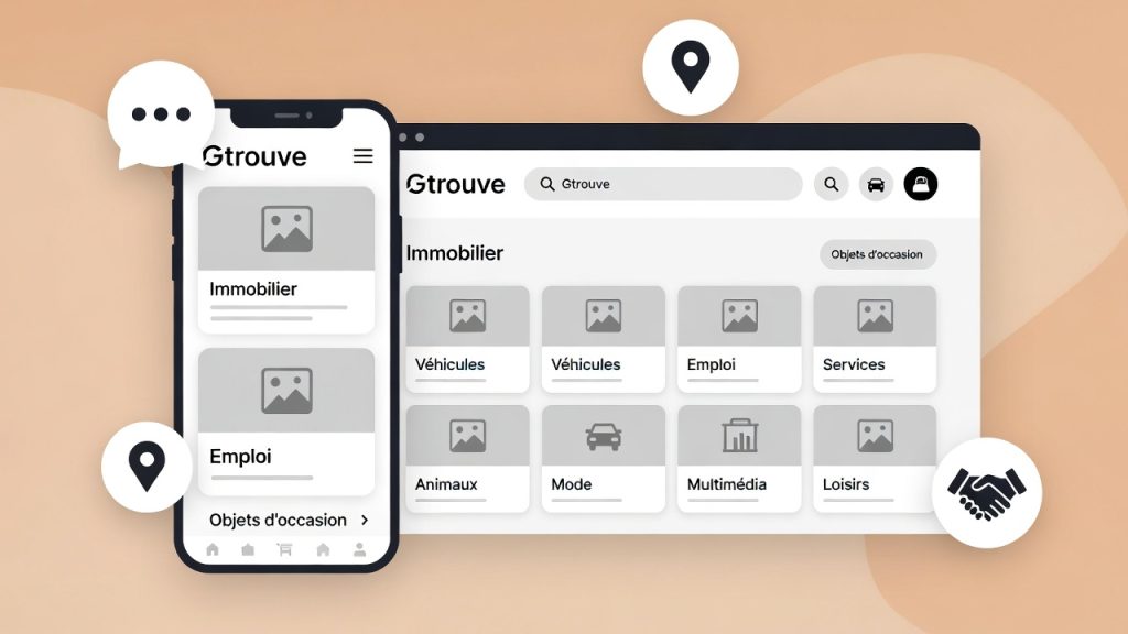 Illustration d’une plateforme Gtrouve proposant des petites annonces gratuites pour vendre, acheter ou proposer des services.