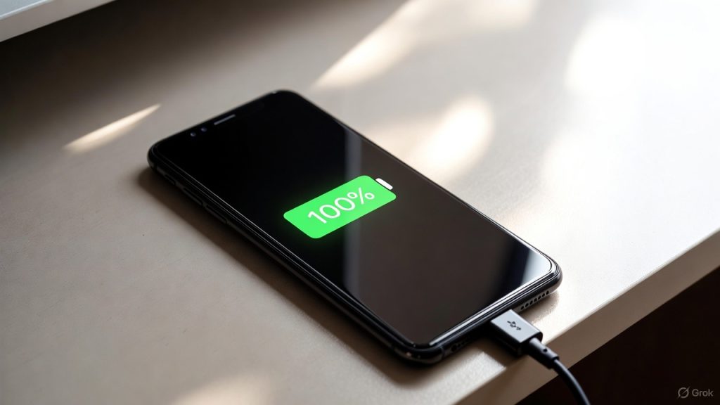 smartphone en charge affichant batterie 100% pour prolonger autonomie et santé batterie