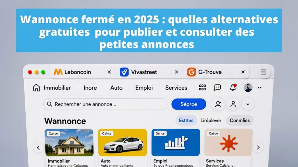 Écran d’ordinateur affichant plusieurs interfaces de plateformes de petites annonces gratuites (Leboncoin, Vivastreet, G-Trouve), avec une bannière « Wannonce fermé » et des icônes représentant catégories courantes comme immobilier, véhicules, emploi et services.