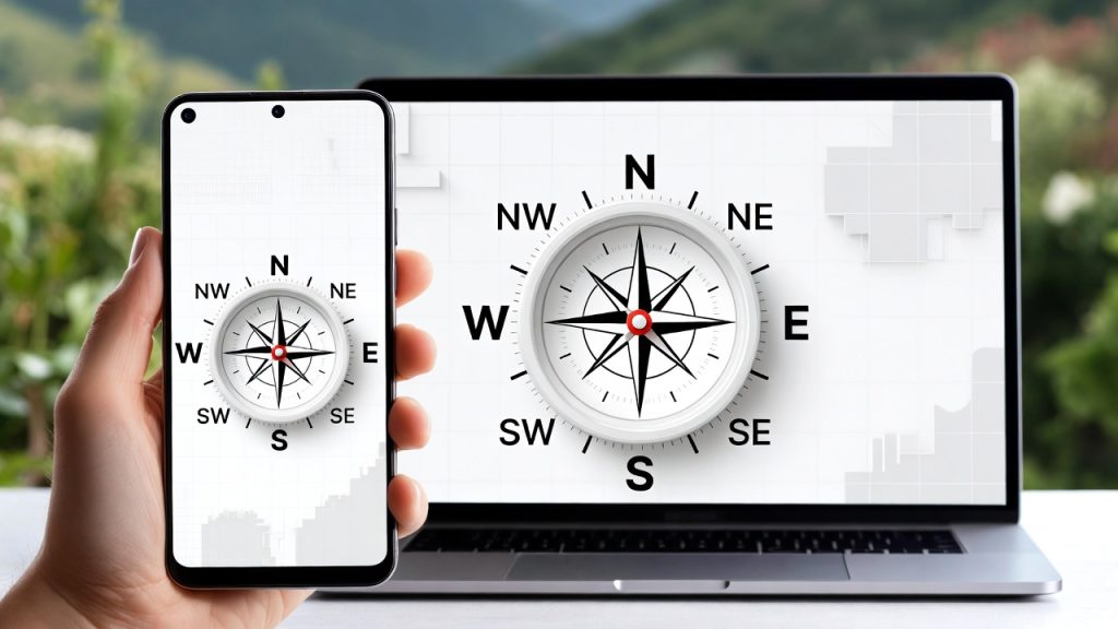 Boussole en ligne affichée sur écran permettant de s’orienter rapidement grâce aux points cardinaux
