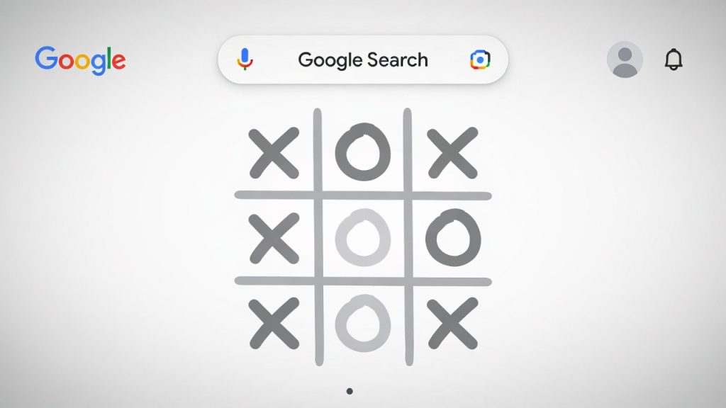 Illustration du jeu de morpion proposé par Google avec une grille de tic-tac-toe et des symboles X et O.