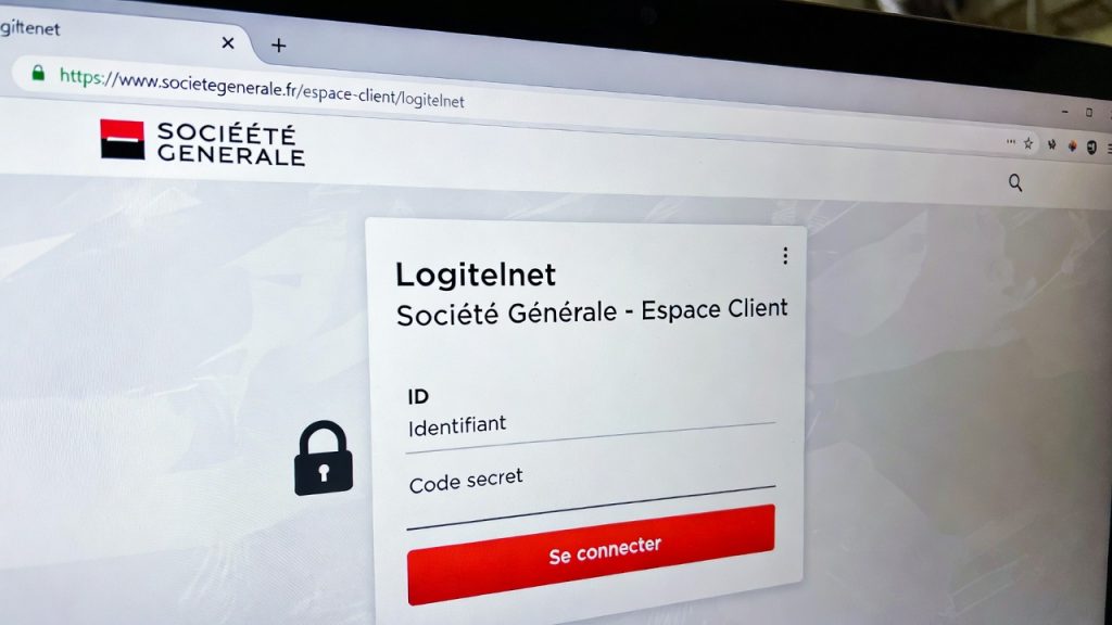 Page de connexion Logitelnet de la Société Générale permettant l’accès sécurisé à l’Espace Client avec identifiant et code secret.