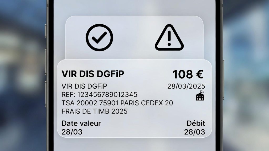 Illustration d’un prélèvement bancaire de 108 € associé à la DGFiP, questionnant s’il s’agit de la taxe foncière ou d’une fraude.