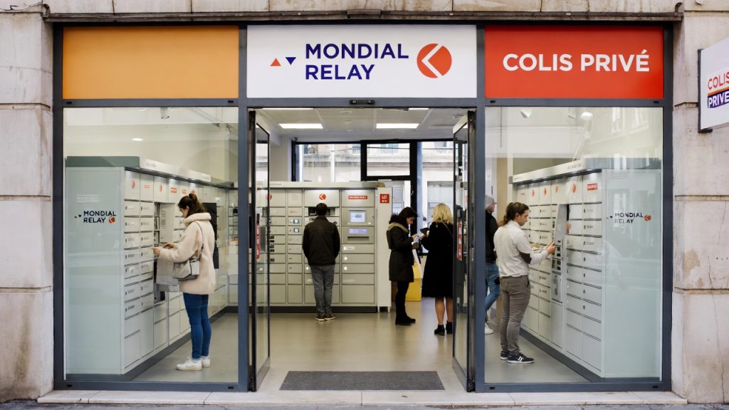 Point relais Vinted avec logos Mondial Relay et Colis Privé, clients déposant des colis